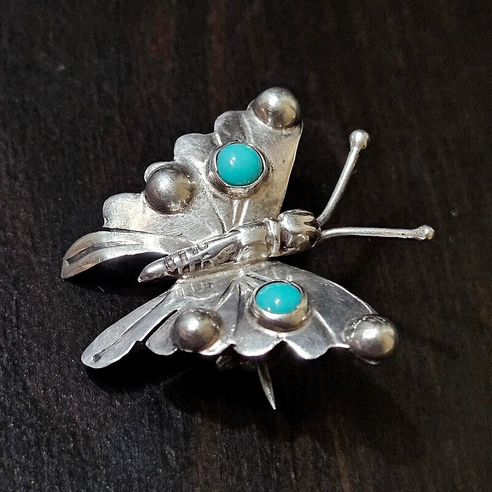 Vintage Taxco Mexico Sterling Silver Turquoise Butterfly Pin / Brooch